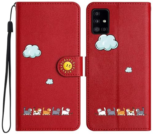 Niedlich und Schöne Geldbörse Handyhülle für Samsung Galaxy A51, Nette Katzen Muster Haltbares PU+TPU Leder mit Prämie Magnetisch Schließung Flip Telefon Hülle für Samsung A51 (Rot)