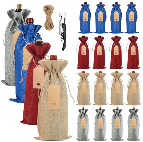 WOUMON 12 Pièces Sacs à Vin en Toile de Jute avec Cordon de Serrage, Sac à Bouteille Réutilisable pour Fêtes, Anniversaires, Noël, Mariages (Mélangé)