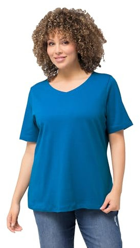 Ulla Popken Damen große Größen Übergrößen Plus Size Shirt, doppellagige Vorderseite, Slim, Rundhals, Halbarm Mittelblau 54+ 810528765-54+