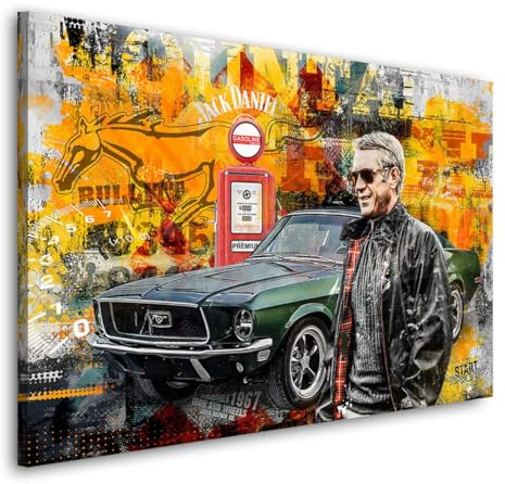 Kunstgestalten24 Leinwandbild Steve McQueen Ford Mustang Wandbild Kunstdruck Auto Wanddeko XXL Wandekoration Gemälde Deko Bilder Modern Art Bild Kunstwerk Canvas