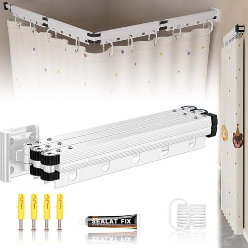 Tringle à rideau de douche pliable à montage mural, 145 cm (4 volets), angle réglable à 90 degrés, sans perçage, économiseur d'espace, salle de bain, baignoire, magasin de vêtements, vestiaires