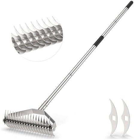 Lawn Rake for Yard, 304 Stainless Steel Thatch Rake for Lawns - Heavy Duty Dethatcher Blades with Adjustable Handle , Efficient Dethatching Rakes for Cleaning Dead Grass, Loosening Soil