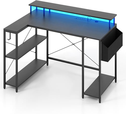 GIANTEX Bureau Gaming Angle avec LED, Bureau d'angle avec Rangement, 4 Prises Secteur, 1 Port USB, 1 Type C, 3 Étagères, Support d'Écran, Sac de Rangement, Crochet, Table Gamer pour Esport (Noir)