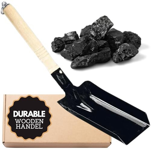 Coal Metal Fire Shovel with Wooden Handle & Hanging Ring | Small Black (11 x 40 cm) for Garden, Fireplace & Ash Collection | Multipurpose Tin Hand Tool for Home & Outdoor Maintenance