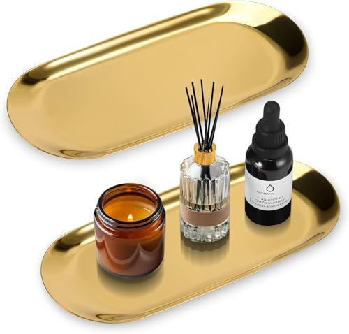 Jiayaus 2Pcs Large Gold Trays, Stainless Steel Oval Decorative Perfume Tray, 30 x 12cm Jewellery Dish Trinket Plate for Table, Bathroom Trays for Jewellery, Candles, Coffee and Desserts