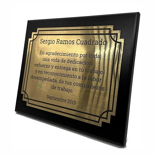 Placa conmemorativa personalizada grabada con láser en acabado oro. (MOSAICO)