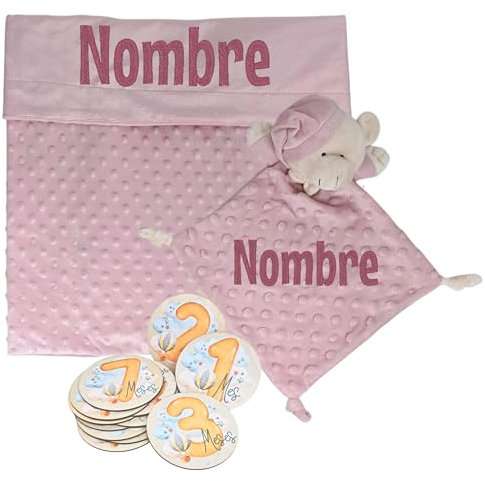 Mababyshop- Set Manta y Dou Dou Burbujas Personalizado y Placas Cumplemes de Madera - Regalo Bordado para Recién Nacido - Regalo para Baby Shower, Bautizo (Maquillaje Myk)