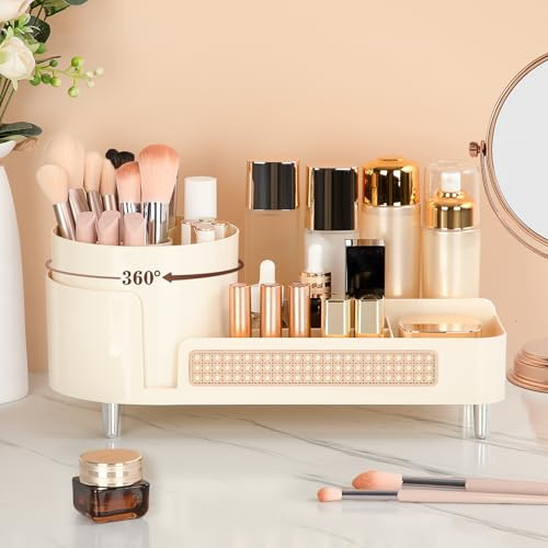 Aevcvok Organizer Trucchi Rotante a 360°, 2-in-1 Porta Pennelli Make Up con Scomparti, Porta Trucchi Organizer da Bagno, Organizer Trucco Grande Capacità, Contenitore Trucchi Multifunzione