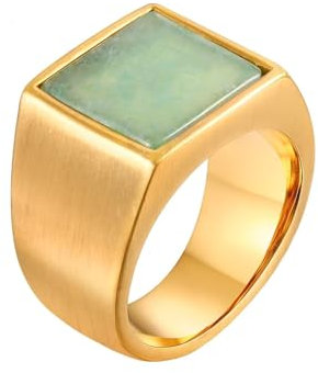 Aotiwe Ringe Männer Gold, Edelstahl Ring Herren Kleiner Finger Quadratisches Siegelring mit Grün Jade Größe 54 (17.2)