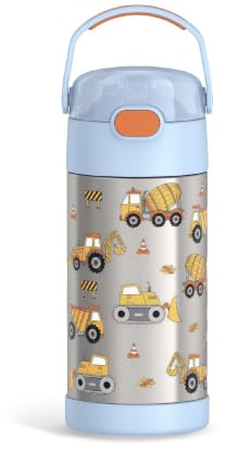 THERMOS FUNTAINER Water Bottle with Straw, 12oz, Construction | Kids Stainless Steel Insulated Water Bottle, Keeps Drinks Cold Longer for School & Play, BPA-Free