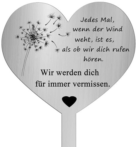 TJUSPIRIT Wetterfest Grabstecker Herz Edelstahl mit Gravur Jedes Mal, wenn der Wind weht, ist es, als ob wir Dich rufen hören, wir Werden Dich für Immer vermissen Grabdekoration Grabschmuck