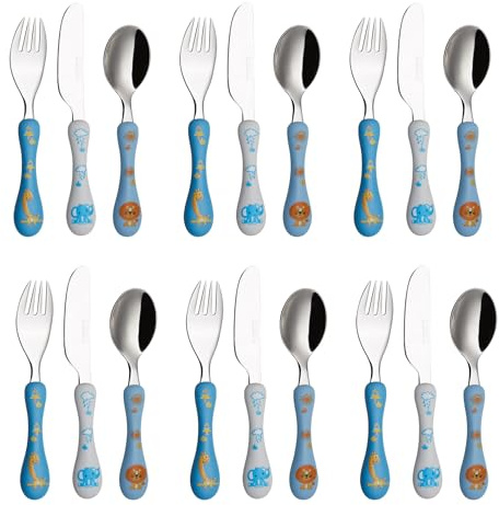 Exzact Children's Cutlery Stainless Steel 18pcs Set (Blue Safari x 18) | BPA Free Dishwasher Safe 24M+ Green Frog Design Easy Grip Handles Toddlers Meals Snacks Nursery Travel Daily Family Use