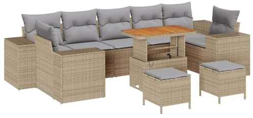 vidaXL 10-teiliges Gartensofa-Set mit Kissen in Beige, aus Poly-Rattan und Akazie. Perfekt für den Außenbereich. Modulares Sofa für Terrasse, Balkon oder Wohnzimmer – ideal für Lounge-Bereiche.