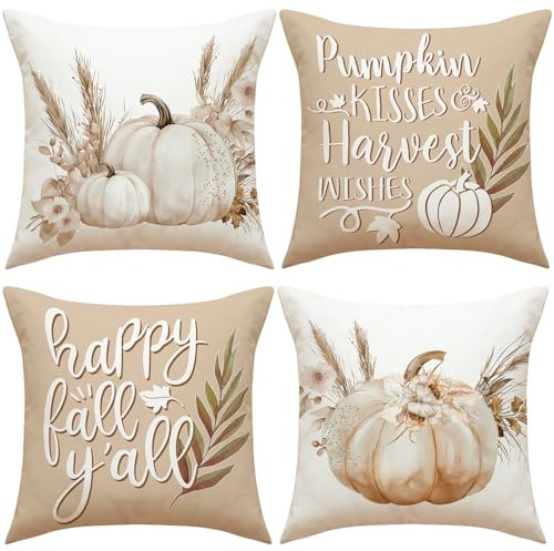Herbst Kissenbezüge 50x50 4er Set, Kissenbezug Herbst Kürbis, kissenhülle Herbst, Leinen Kissenbezug 50x50, für Bauernhaus Thanksgiving Halloween Bettwäsche Wohnzimmer Herbst Dekoration