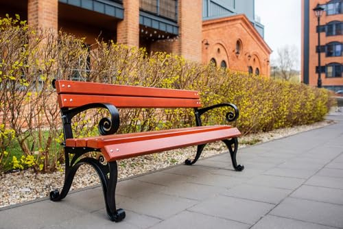 REKORD Gartenbank 170 x 59 x 73 cm Robuste Parkbank aus Metall und Holz mit Rückenlehne wetterfeste Outdoor Sitzbank Bank für Garten Terrasse Balkon Vorgarten – Wiener mit Armlehne - Mahagoni