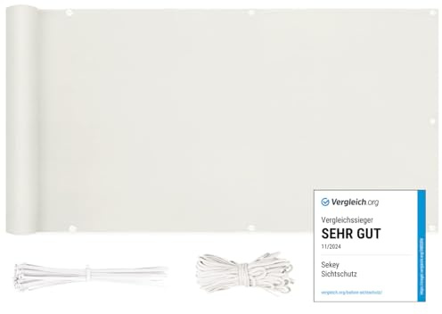 Sekey Balkon Sichtschutz Balkonabdeckung Balkonverkleidung blickdichte Wind- und UV-Schutz, 100% Privatsphäre, mit Ösen, Nylon Kabelbinder und Kordel, 90x600cm, Weiß