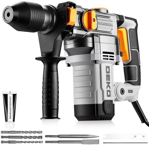 DEKOPRO Marteau Perforateur SDS-Plus 1500W - 5.5J Perforateur 3-en-1, Perforateur Filaire Anti-Vibration, avec 3 Forets & 2 Burins SDS, Perçage Max: Béton 32mm, Acier 13mm, Bois 40mm
