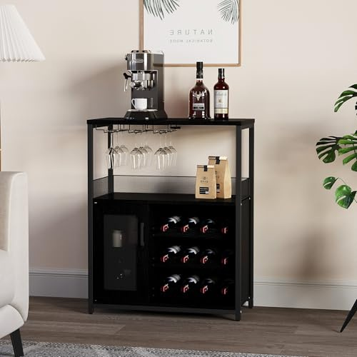 GarveeLife Weinschrank Industrial Küchenschrank Barschrank Mit Verstellbarem Weinregal Und Glashalter Weinregal Mit Abnehmbarem Weinschrank Sideboard Buffetschrank Freistehend, 69x35x92Cm