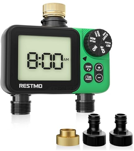 RESTMO Computer di Irrigazione 2 Zona, Timer Irrigazione con Display Grande | Automatico/Manuale/Ritardo Pioggia (12/24/48/72H), Timer per Tubo da Giardino, Rubinetto Esterno