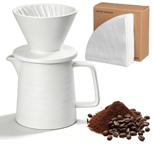Leikurvo Juego de cafetera Pour Over, filtro de café de porcelana de 450 ml, con taza y 100 filtros de papel, gotero de café de cerámica, cafetera manual para casa, oficina, exterior, camping (blanco)
