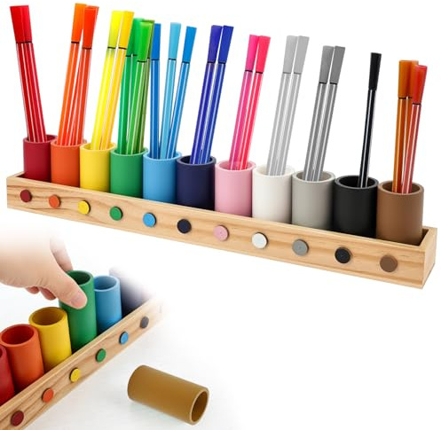 Montessori Stiftehalter Holz 46,3x5,6x3,1cm Buntstiftehalter Kinder mit 11 Farbigen Ständern Abnehmbar Stiftehalter Schreibtisch Kinder Kategorisierter Speicher für Zuhause Klassenzimmer Kunstzentrum