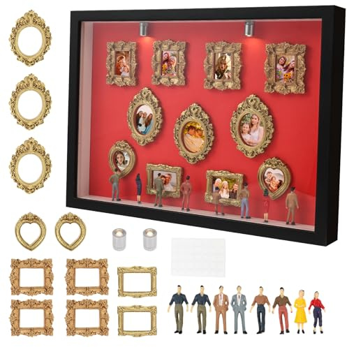 BAODBF Museum of Us DIY Mini Museum Silhouette Box Bilderrahmen | Fotogeschenke Set mit 11 Miniatur Rahmen 8 Figuren 2 Spotlights für Hochzeit Holz Objektrahmen Schaukasten 31.5x22.6 cm