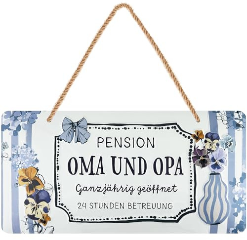 LANOLU retro Blechschild, Oma und Opa Pension Schild zum Aufhängen, lustige Geschenkidee für Großeltern von Enkeln, geprägt gestanzt mit Jutelkordel, 16x32 cm