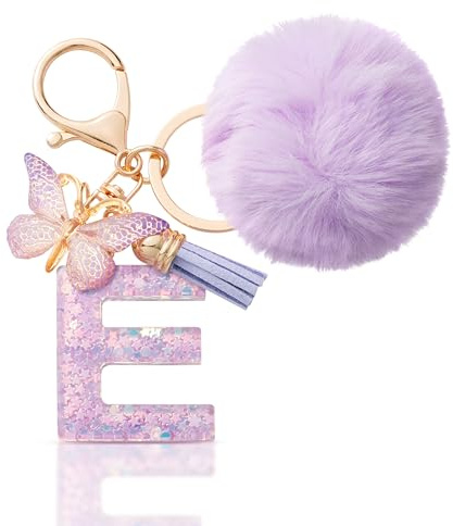 CHUQING Schlüsselanhänger Buchstabe Geschenke Mädchen mit Pompon | Schlüsselanhänger mit Buchstabe und Pompon, süßer Schmetterling Keychain als Geschenk für Mädchen und Damen