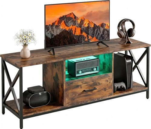 Blisswood TV Unit, 112cm LED TV Stand with RGB Lights, Rustic Wooden Media Console for 43–50 Inch TVs, Industrial Entertainment Centre with Drawer & Open Shelves, Metal Frame Living Room Furniture