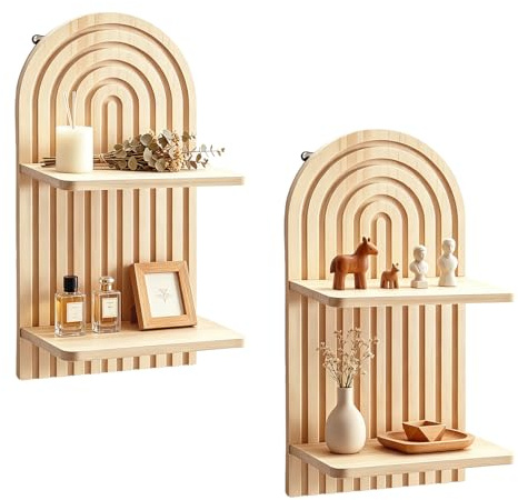 Esoes 2 Stück Wandregal Holz Boho 2-Stöckiges Klein für Schlafzimmer | Regenbogen Böhmische Hängeregal für Kinderzimmer Wanddekoration Wohnzimmer Badezimmer (Holzfarbe)