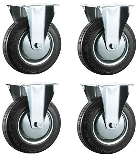 100mm Black Rubber Industrial Castors - Fixed Top Plate - Heavy Duty Casters Wheels by Bulldog Castors (Trolley & Equipment) - Max 400Kg Per Set