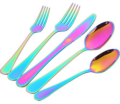 Buyer Star 20-teiliges Rainbow Besteckset Schillerndes Cutlery Set Edelstahl Bunt romantisch Regenbogen Besteck
