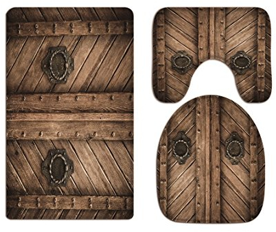 A.Monamour Badezimmer Badematte 3 Teilig Set Vintage Rustikalen Westlichen Land Holz Scheunentor Bild Gedruckt Kissen Pads Flanell Saugfähig Badteppiche Badvorleger Badgarnitur WC Vorleger