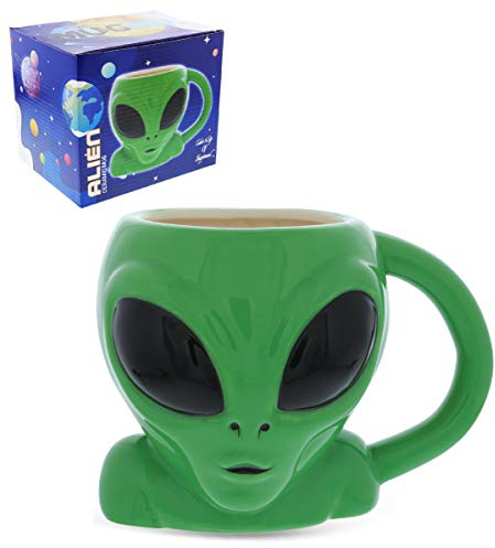 Green Alien Cartoon Novelty Mug: Ceramic Cute Coffee Mugs & Tea Cup, Cool & Unique UFO Shaped Alien Mug for Coffee Lovers Gifts - 17 Oz.