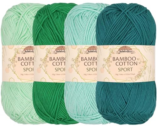 JubileeYarn Bamboo Cotton Sport Yarn - 50g/Skein - Shades of Green - 4 Skeins