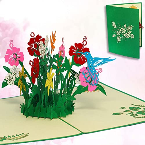 LINPOPUP® Pop-Up Karte Blumen, Geburtstagskarte, Grußkarten Blumen, Klappkarte Geburtstagskarte, Muttertagskarte, Danke, Viel Glück, Gute Besserung, Kollibri, Vogel Blumen, N375