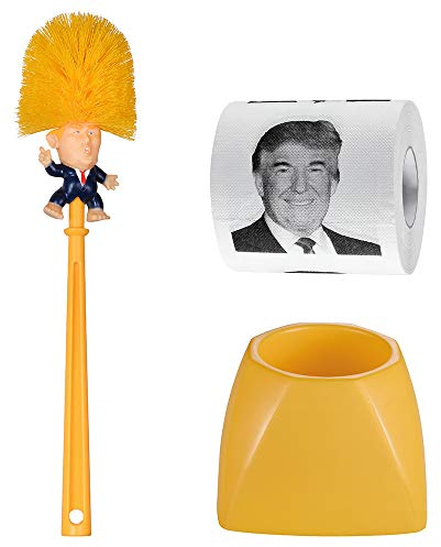 Ddartsgo Donald Trump Toilet Brush Set - Yellow Wooden Toilet Brush, Holder & Trump Toilet Paper (3 Items)