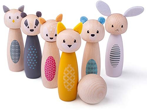 Bigjigs Toys Holz-Kegelspiel mit Tieren, 6-teiliges FSC-zertifiziertes Bowling-Set