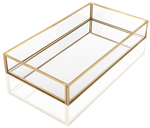 Homtone Bandeja Decorativa Dorada con Espejo para Joyas, Bandeja para Cosméticos, Maquillaje, Organizador Decoración para tocador, Baño y Dormitorio (30 x 20 x 5 CM)