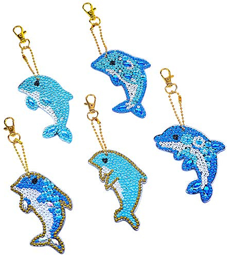 VETPW 5 Stück 5D DIY Diamant Malerei Schlüsselbund mit Delfin Design, Doppelseitig DIY Full Drill Diamond Pasted Painting Keychain für Damen Geldbörse Rucksack Handtasche Dekoration