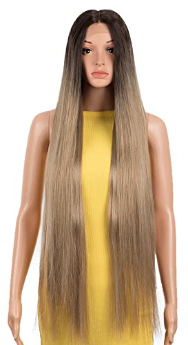 DÉBUT Lace Front Perücke Super lange Glatte Perücke für Damen 95 cm 260g Kunsthaar Hitzebeständige Faser 130% Dichte (95 cm, Ombré Blond)