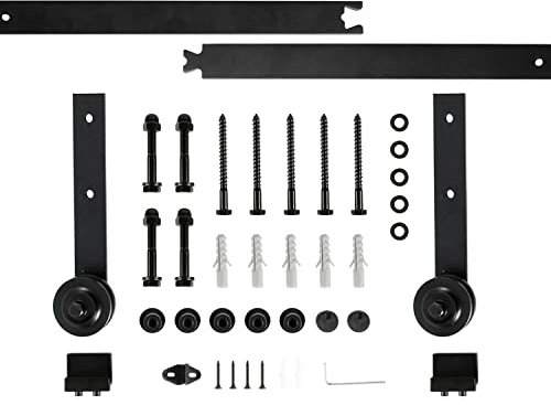 Corredera de 200cm Puerta corredera de granero Kit de hardware Armario de garaje Acero al carbono,Riel colgante para puerta de granero(gancho recto) instalación de una sola puerta