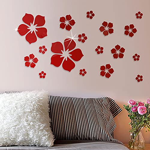 Adesivi Murali Floreali di Cristallo 3D,Removibile Adesivi da Parete a Specchio,Adesivi Murali Cameretta in Acrilico,Adesivo Specchio Rimovibile d'argento per Camera Soggiorno Decorazione Casa (Rosso)