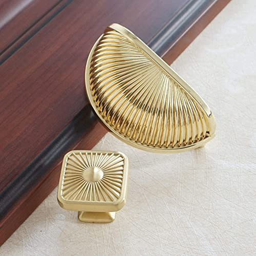 MFYS Brushed Brass Drawer Knob Gold Shell Cup Cabinet Pull Handles Dresser Pull Kitchen Cupboard Square Knob (1, Single Hole knob)