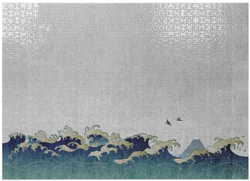 ABAKUHAUS Japanese Wave Jigsaw Puzzle, Aquatic Swirls Birds of Ocean Ukiyo-e Style Art Greyscale Background, Heirloom-Quality Fun Activity for Family Durable Cardboard, 1000 pcs, Grey Blue Cream