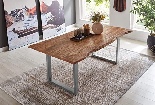 SAM Esstisch Dora 260 x 100 cm, Mangoholz massiv, lackiert & naturfarben, Baumkantentisch mit U-Metallgestell in Silber, echte Baumkante, 26 mm