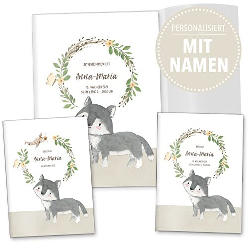 OLGS U-Hefthülle Komplett-Set 3-teilig personalisierbar Impfpasshülle & Reisepasshülle | Organizer für Untersuchungsheft, Impfpass, Reiseunterlagen für Babys und Kinder (Personalisiert, Wolf)