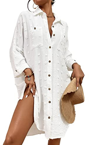 Bsubseach Swimsuit Coverup for Women Bathing Suit Blouse Button Down Shirt Dresses Swiss Dot White