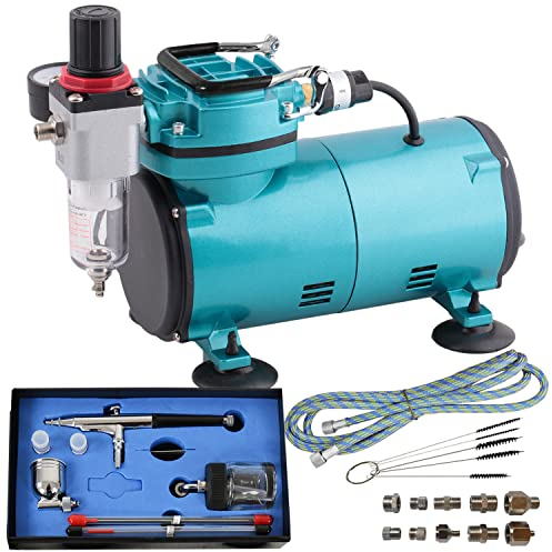 Airbrush COMPACT BASIS Set mit sehr leisem Airbrush Kompressor, Airbrush Set mit Profi-Airbrush-Pistole Double-Action inkl. 3 Düsen, Nadeln, Druckluftschlauch