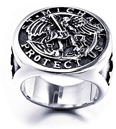 PikaLF St. Michael Ring für Männer, Vintage Kreuz Ring, Saint Michael der Erzengel besiegt Satan Figur Amulett Ring, Religiöser Ring, Punk Christian Faith Schmuck Geschenk für Männer Jungen